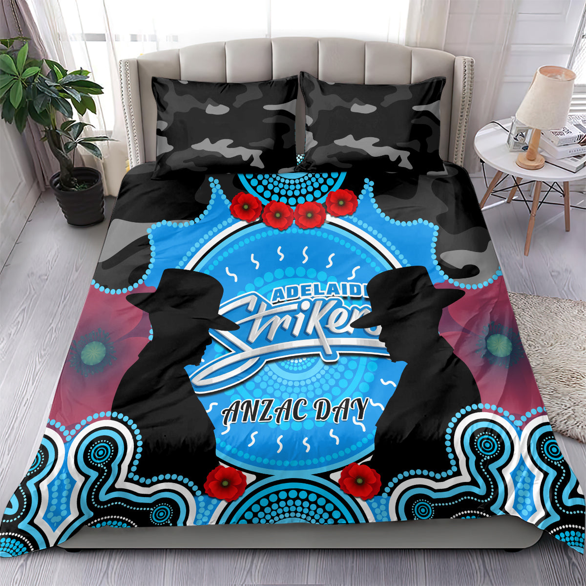 Adelaide Strikers ANZAC 2024 Bedding Set Lest We Forget Poppy Mix Camouflage - Vibe Hoodie Shop