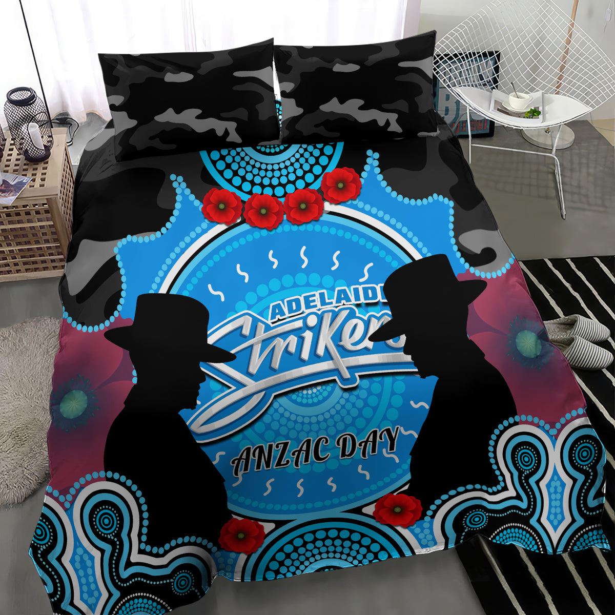 Adelaide Strikers ANZAC 2024 Bedding Set Lest We Forget Poppy Mix Camouflage - Vibe Hoodie Shop