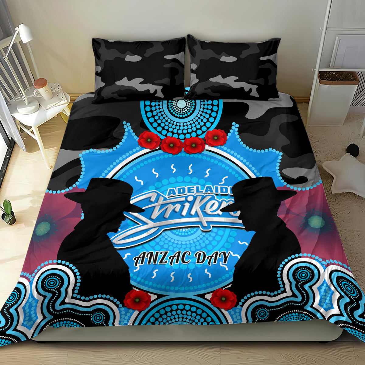 Adelaide Strikers ANZAC 2024 Bedding Set Lest We Forget Poppy Mix Camouflage - Vibe Hoodie Shop
