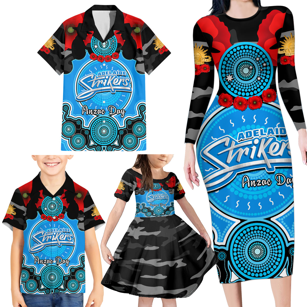 adelaide-strikers-anzac-2024-family-matching-long-sleeve-bodycon-dress-and-hawaiian-shirt-lest-we-forget-poppy-mix-camouflage