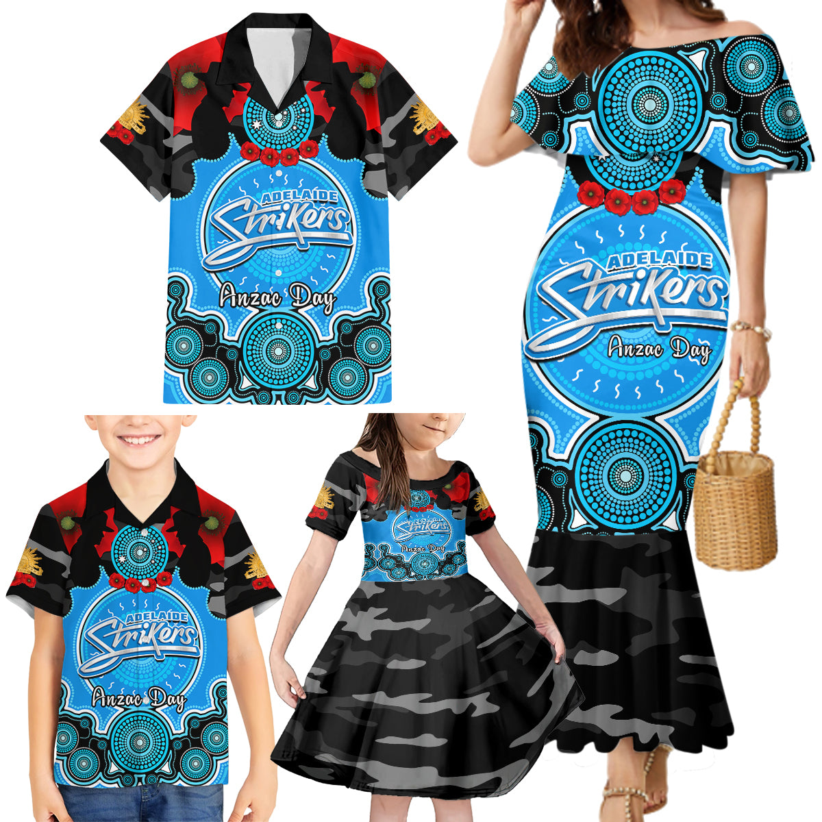 adelaide-strikers-anzac-2024-family-matching-mermaid-dress-and-hawaiian-shirt-lest-we-forget-poppy-mix-camouflage