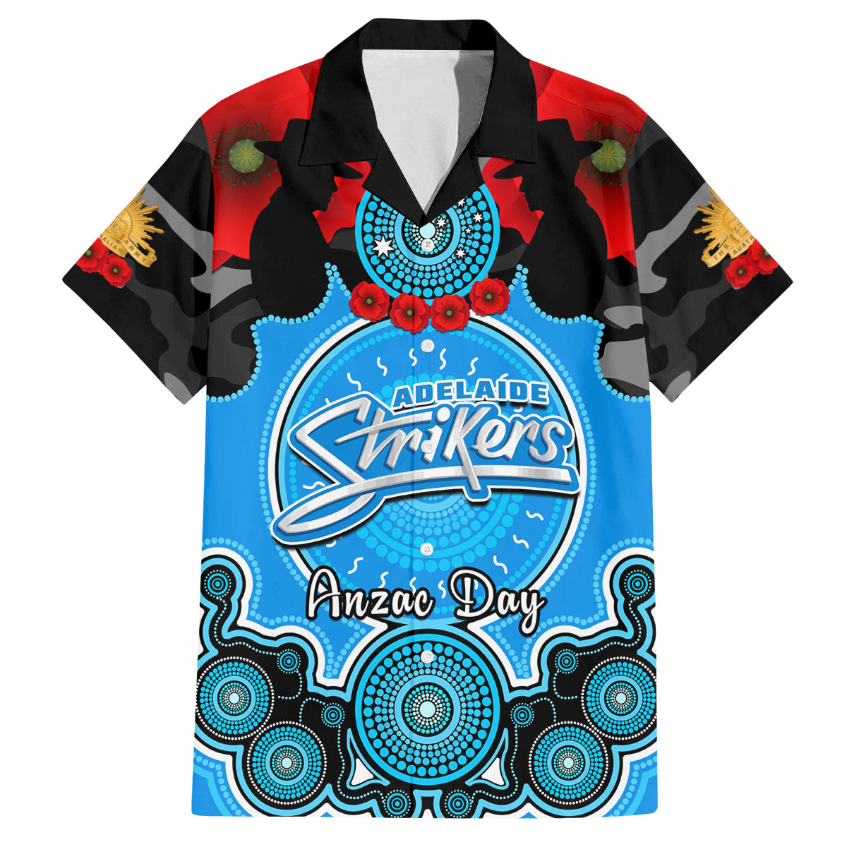 adelaide-strikers-anzac-2024-family-matching-off-shoulder-long-sleeve-dress-and-hawaiian-shirt-lest-we-forget-poppy-mix-camouflage