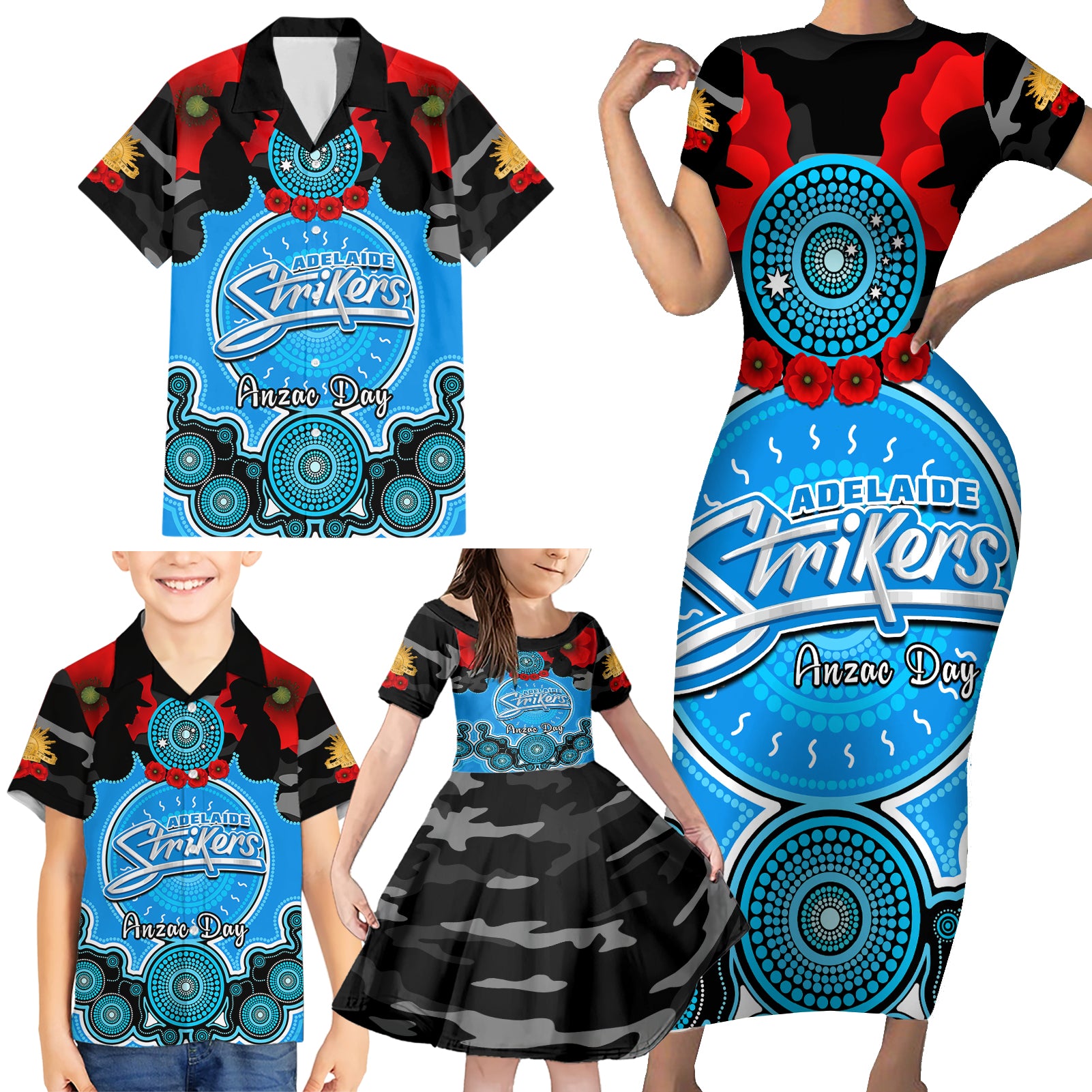 adelaide-strikers-anzac-2024-family-matching-short-sleeve-bodycon-dress-and-hawaiian-shirt-lest-we-forget-poppy-mix-camouflage