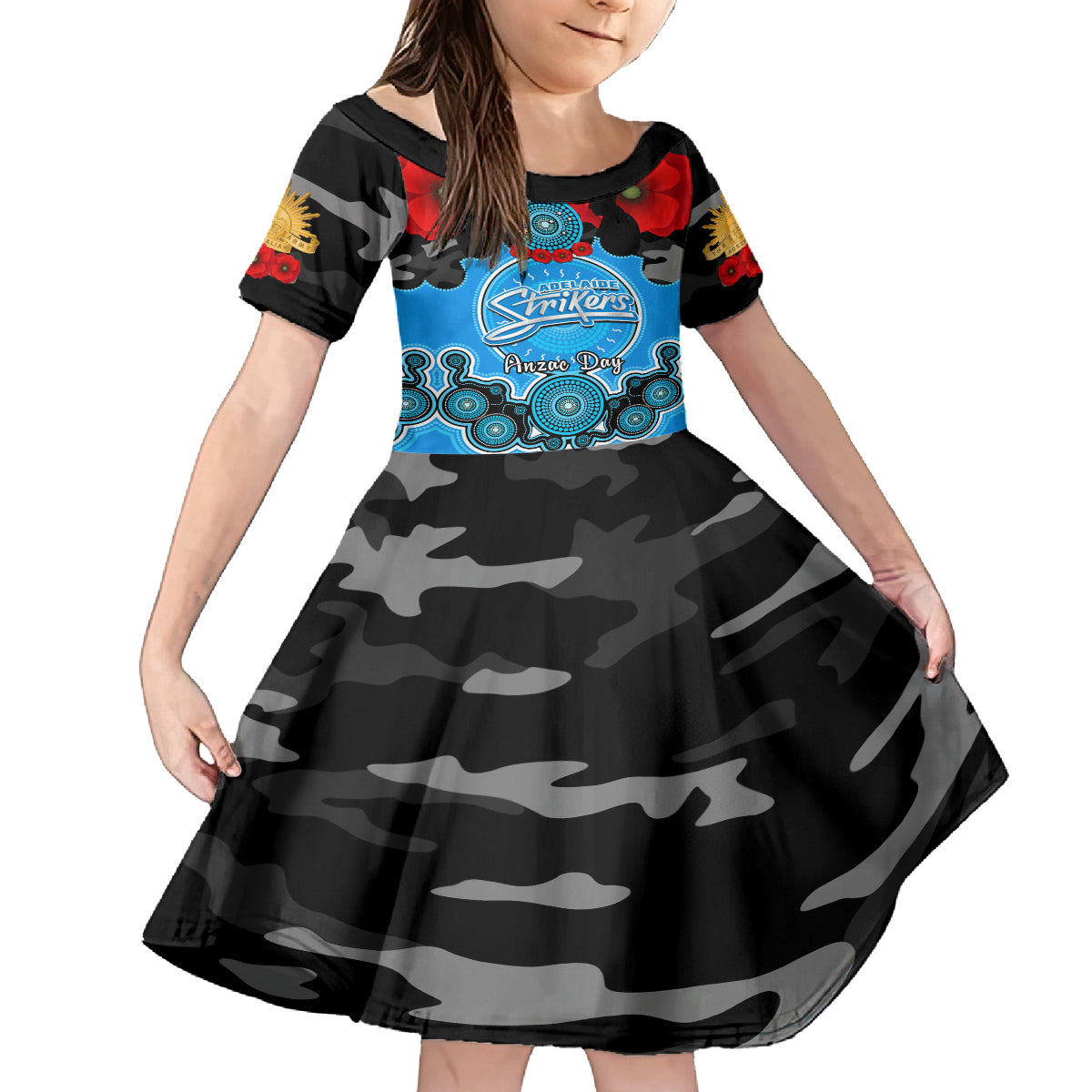 Adelaide Strikers ANZAC 2024 Kid Short Sleeve Dress Lest We Forget Poppy Mix Camouflage - Vibe Hoodie Shop