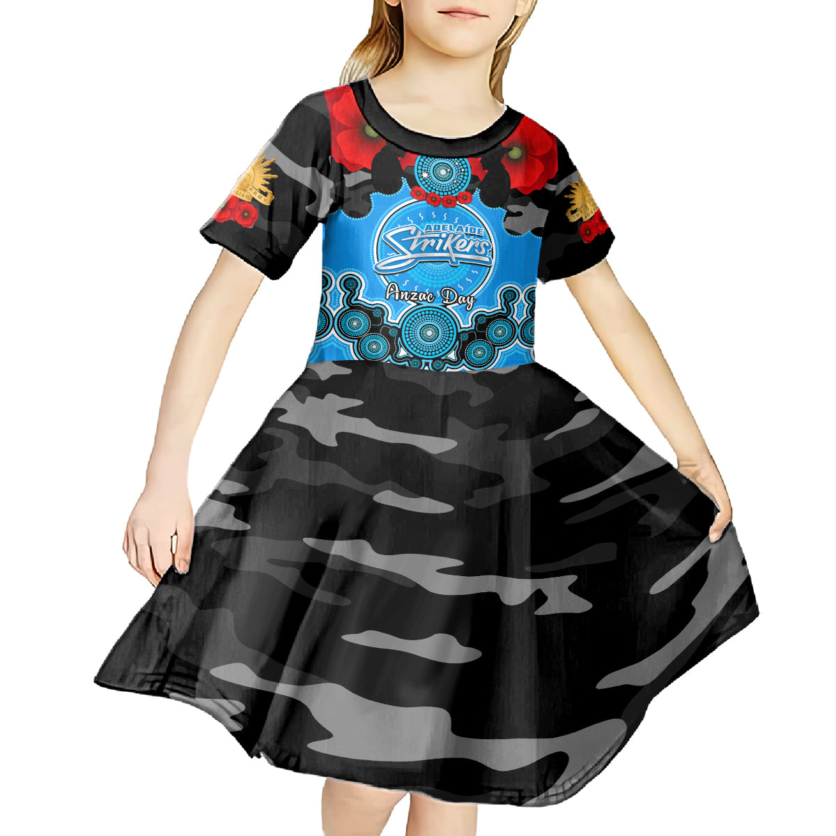 Adelaide Strikers ANZAC 2024 Kid Short Sleeve Dress Lest We Forget Poppy Mix Camouflage - Vibe Hoodie Shop