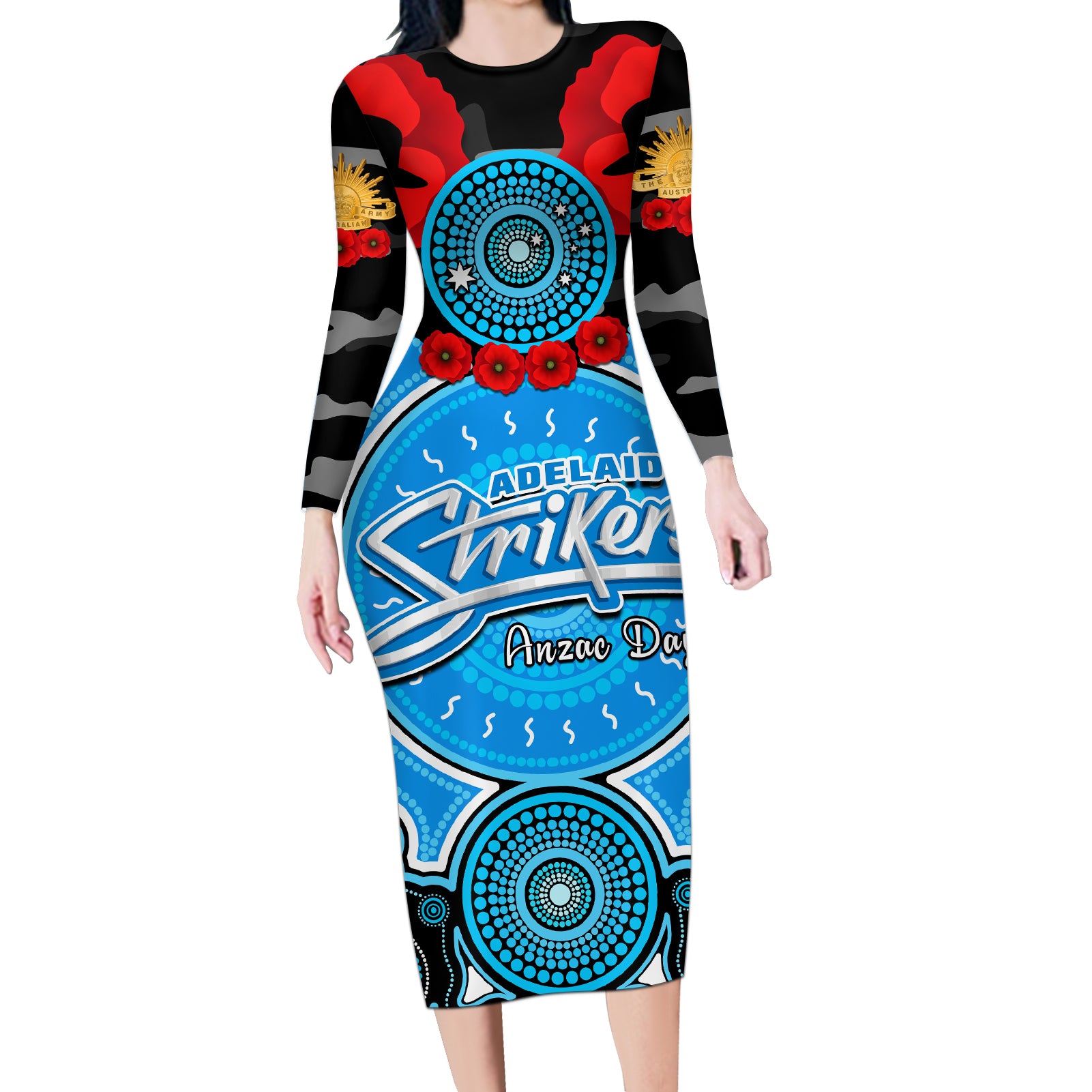 adelaide-strikers-anzac-2024-long-sleeve-bodycon-dress-lest-we-forget-poppy-mix-camouflage