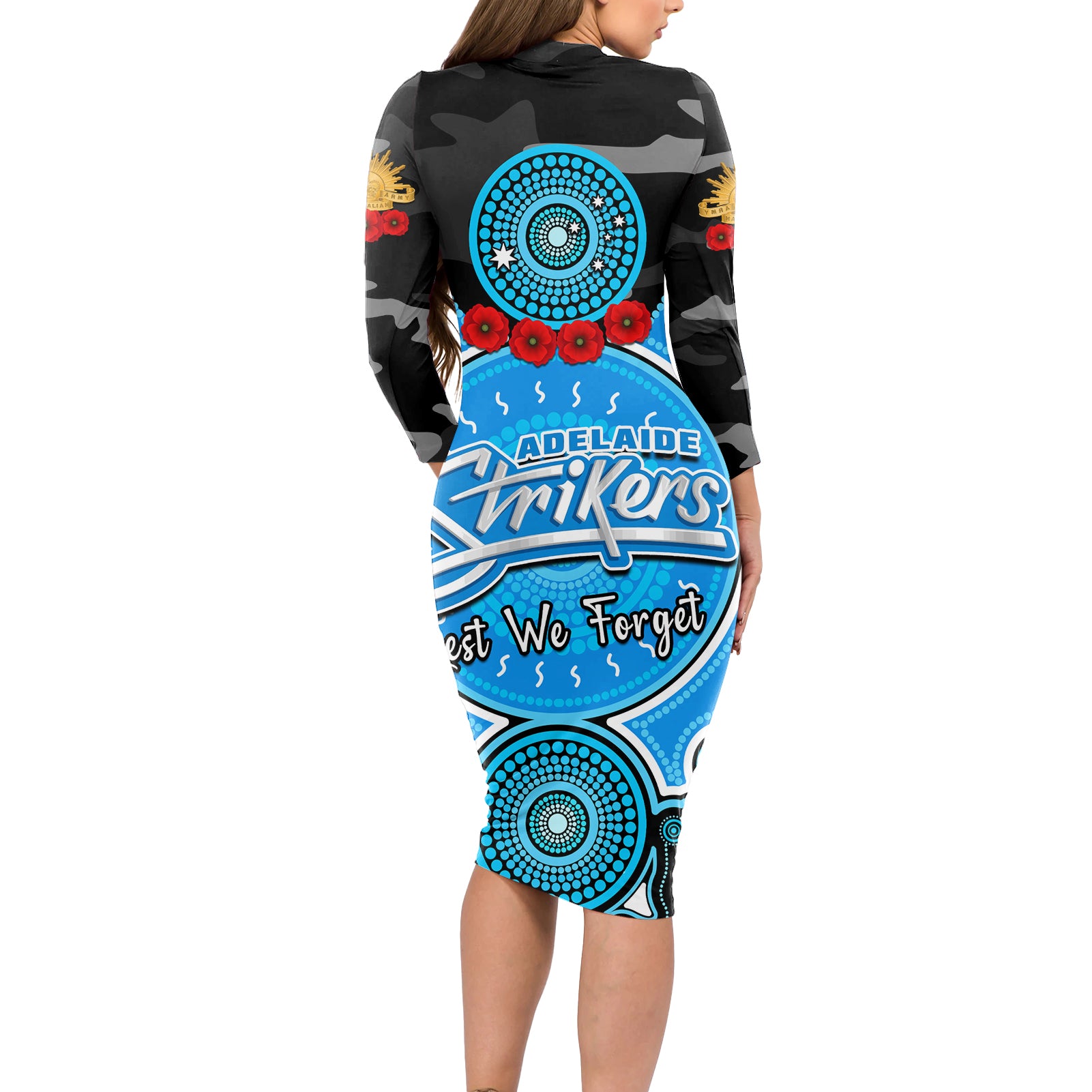 adelaide-strikers-anzac-2024-long-sleeve-bodycon-dress-lest-we-forget-poppy-mix-camouflage