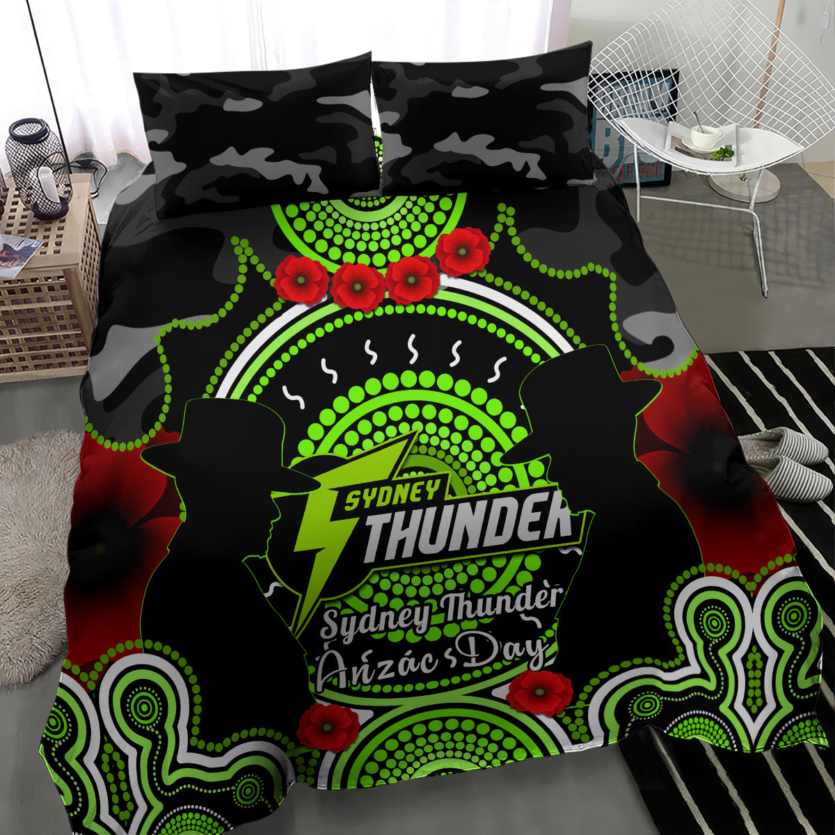 Sydney Thunder ANZAC 2024 Bedding Set Lest We Forget Poppy Mix Camouflage - Vibe Hoodie Shop