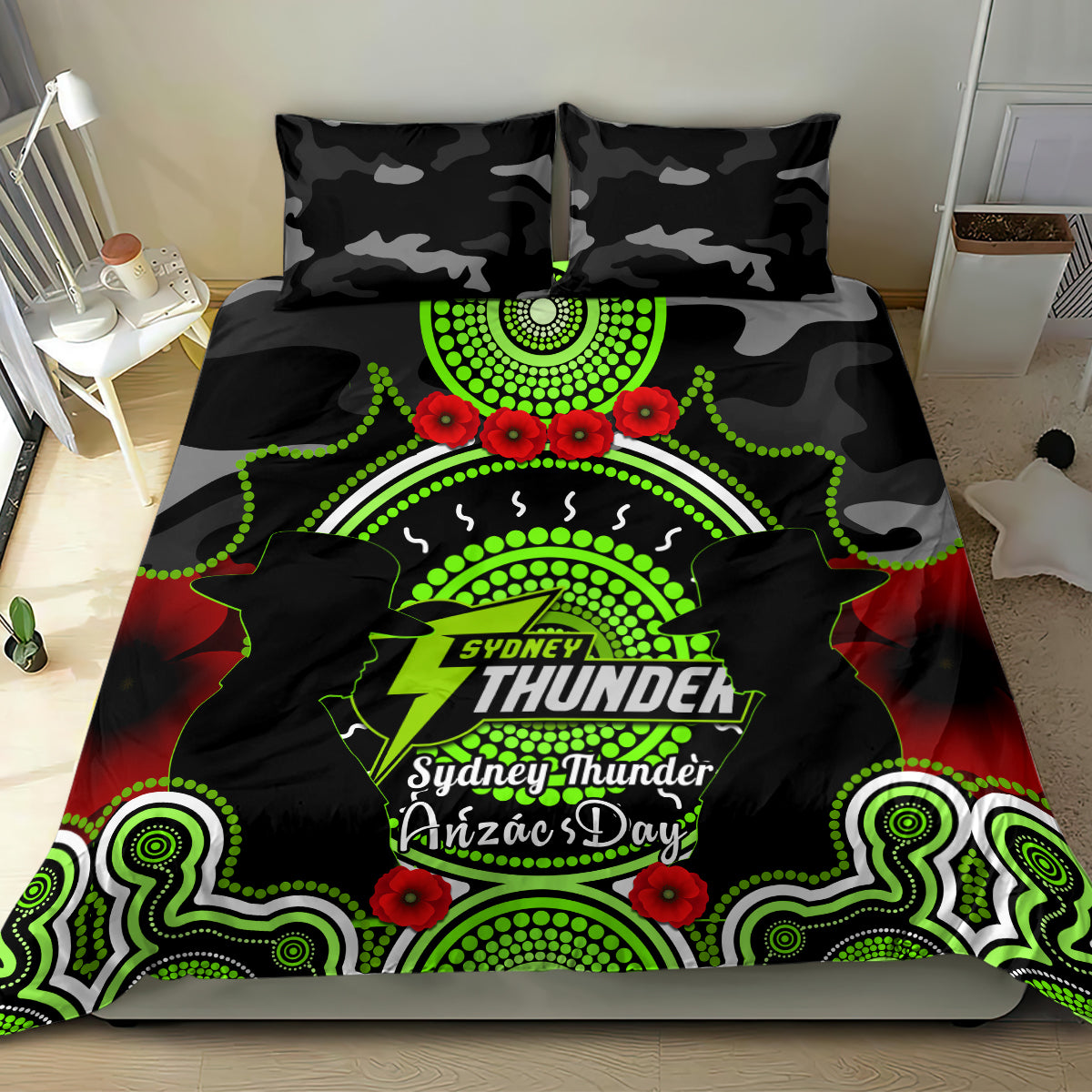 Sydney Thunder ANZAC 2024 Bedding Set Lest We Forget Poppy Mix Camouflage - Vibe Hoodie Shop