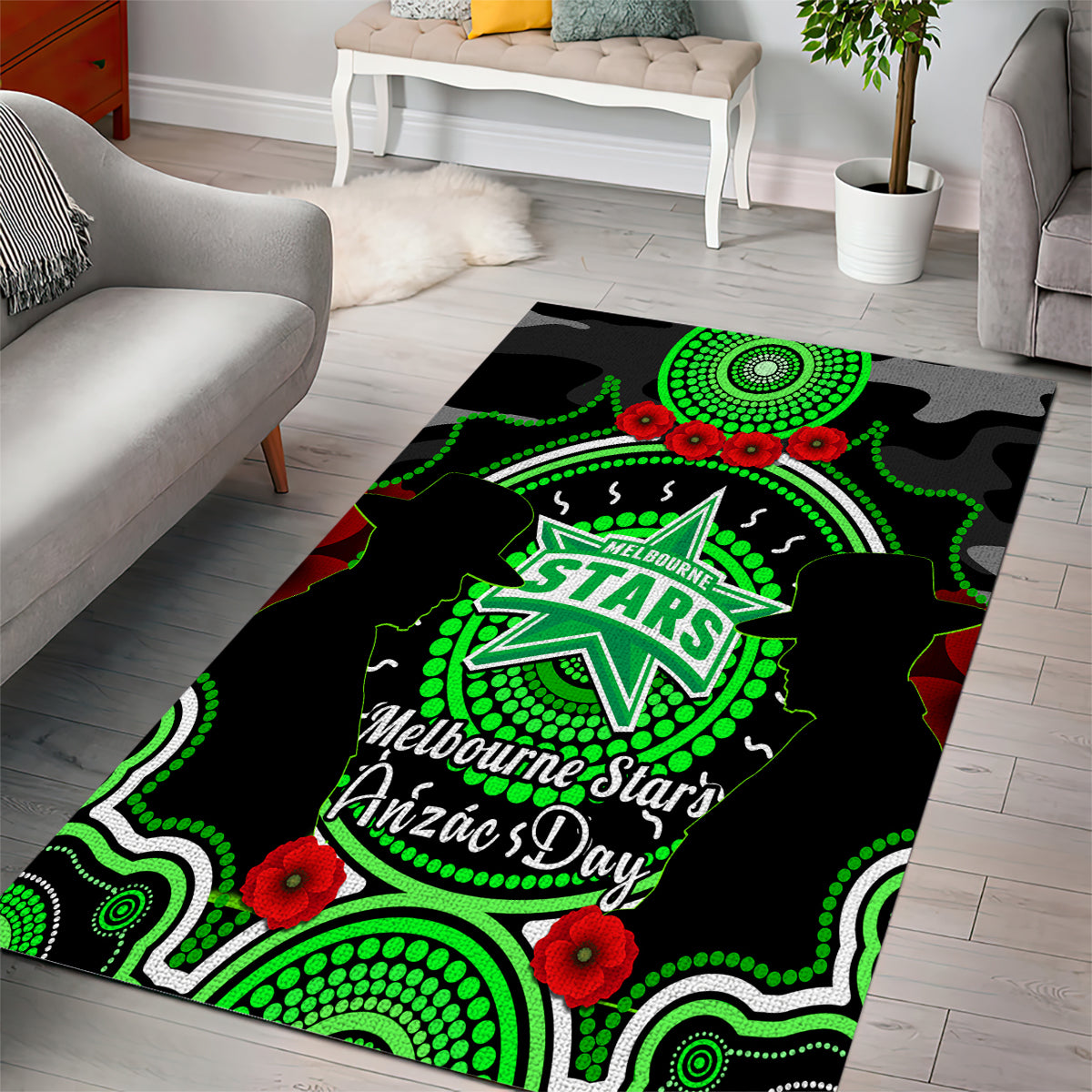 Melbourne Stars ANZAC 2024 Area Rug Lest We Forget Poppy Mix Camouflage - Vibe Hoodie Shop