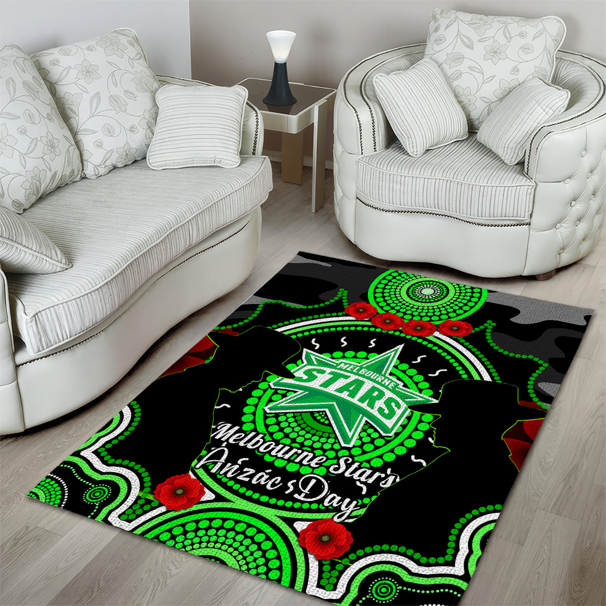 Melbourne Stars ANZAC 2024 Area Rug Lest We Forget Poppy Mix Camouflage - Vibe Hoodie Shop