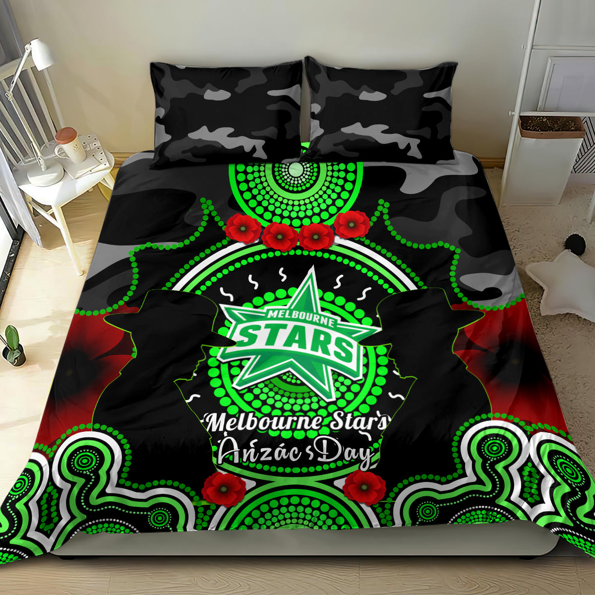 Melbourne Stars ANZAC 2024 Bedding Set Lest We Forget Poppy Mix Camouflage - Vibe Hoodie Shop