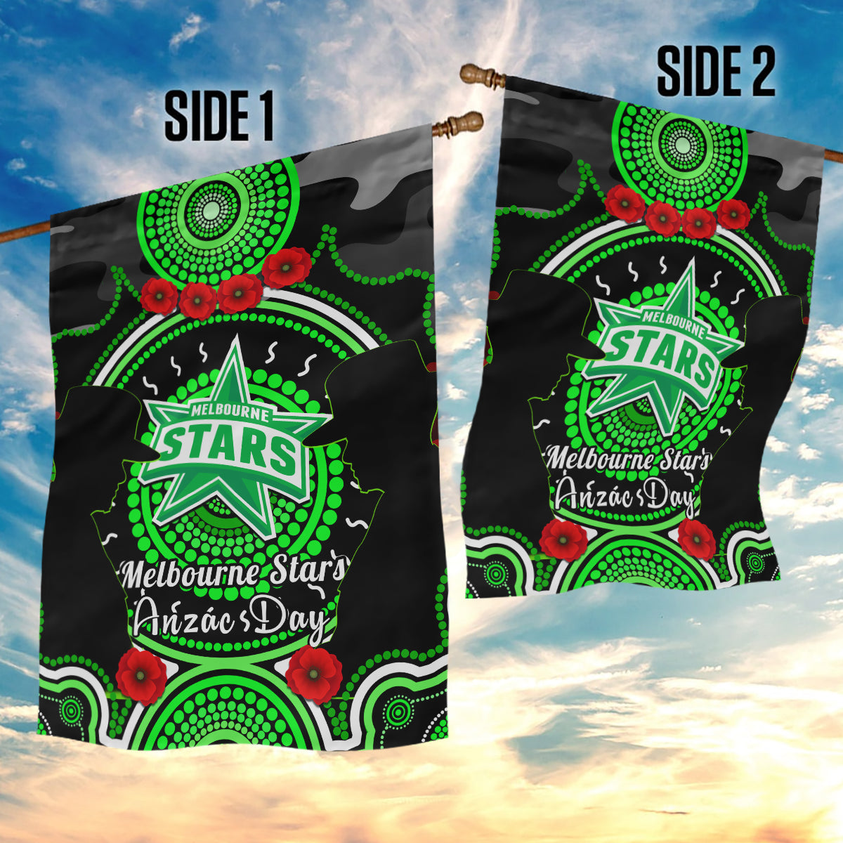 Melbourne Stars ANZAC 2024 Garden Flag Lest We Forget Poppy Mix Camouflage - Vibe Hoodie Shop