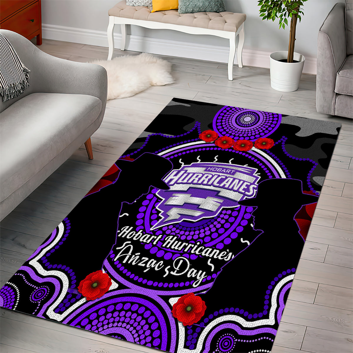 Hobart Hurricanes ANZAC 2024 Area Rug Lest We Forget Poppy Mix Camouflage - Vibe Hoodie Shop