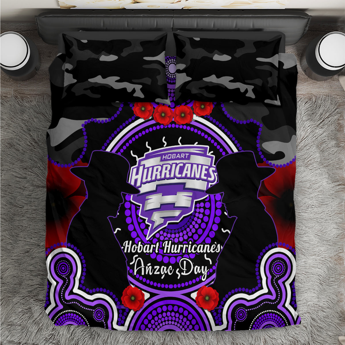 Hobart Hurricanes ANZAC 2024 Bedding Set Lest We Forget Poppy Mix Camouflage - Vibe Hoodie Shop
