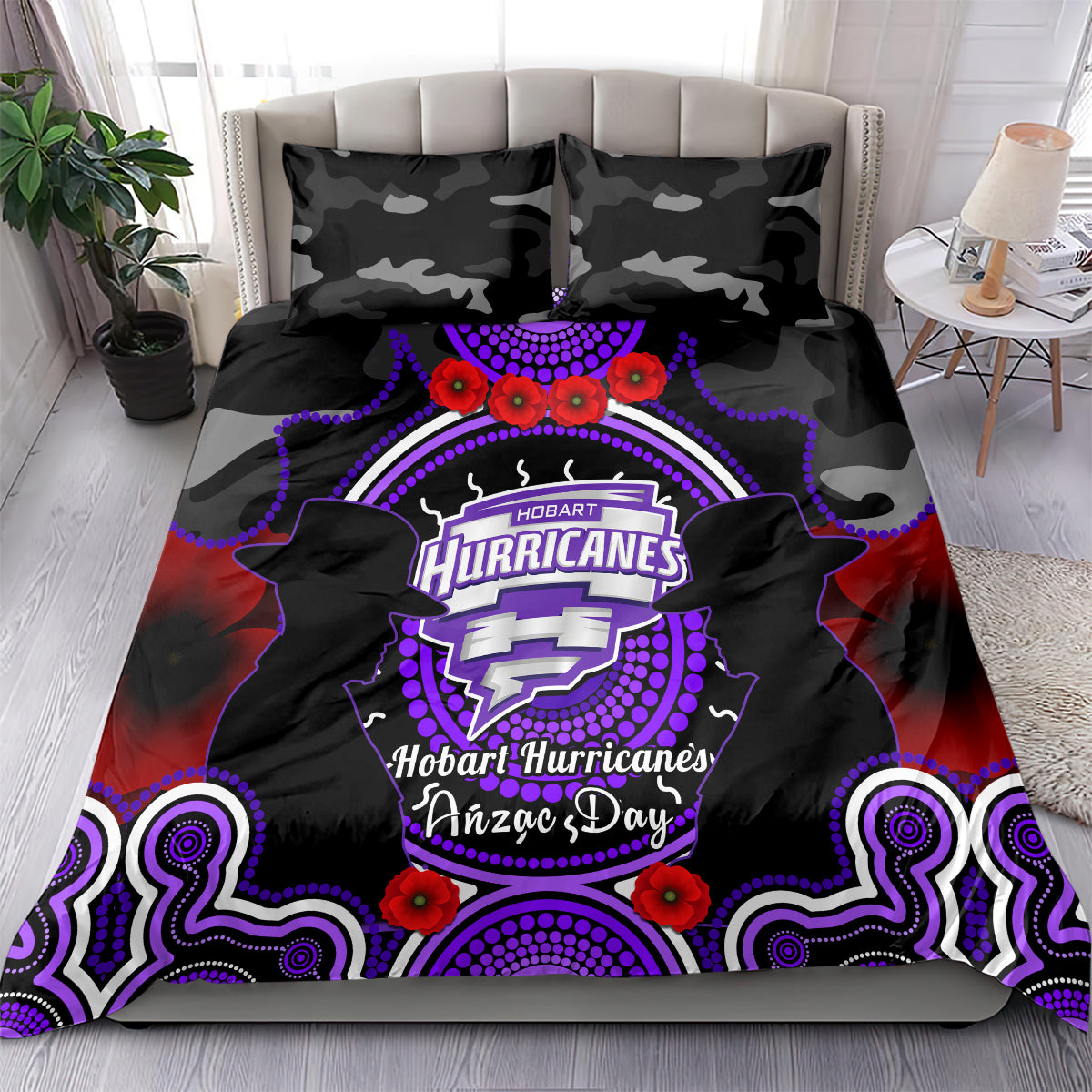 Hobart Hurricanes ANZAC 2024 Bedding Set Lest We Forget Poppy Mix Camouflage - Vibe Hoodie Shop