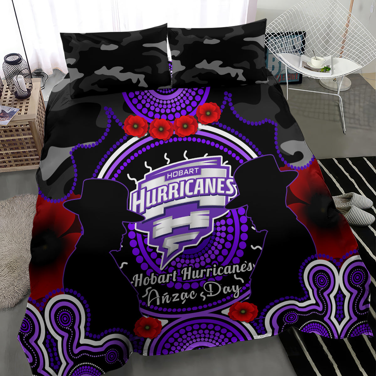 Hobart Hurricanes ANZAC 2024 Bedding Set Lest We Forget Poppy Mix Camouflage - Vibe Hoodie Shop
