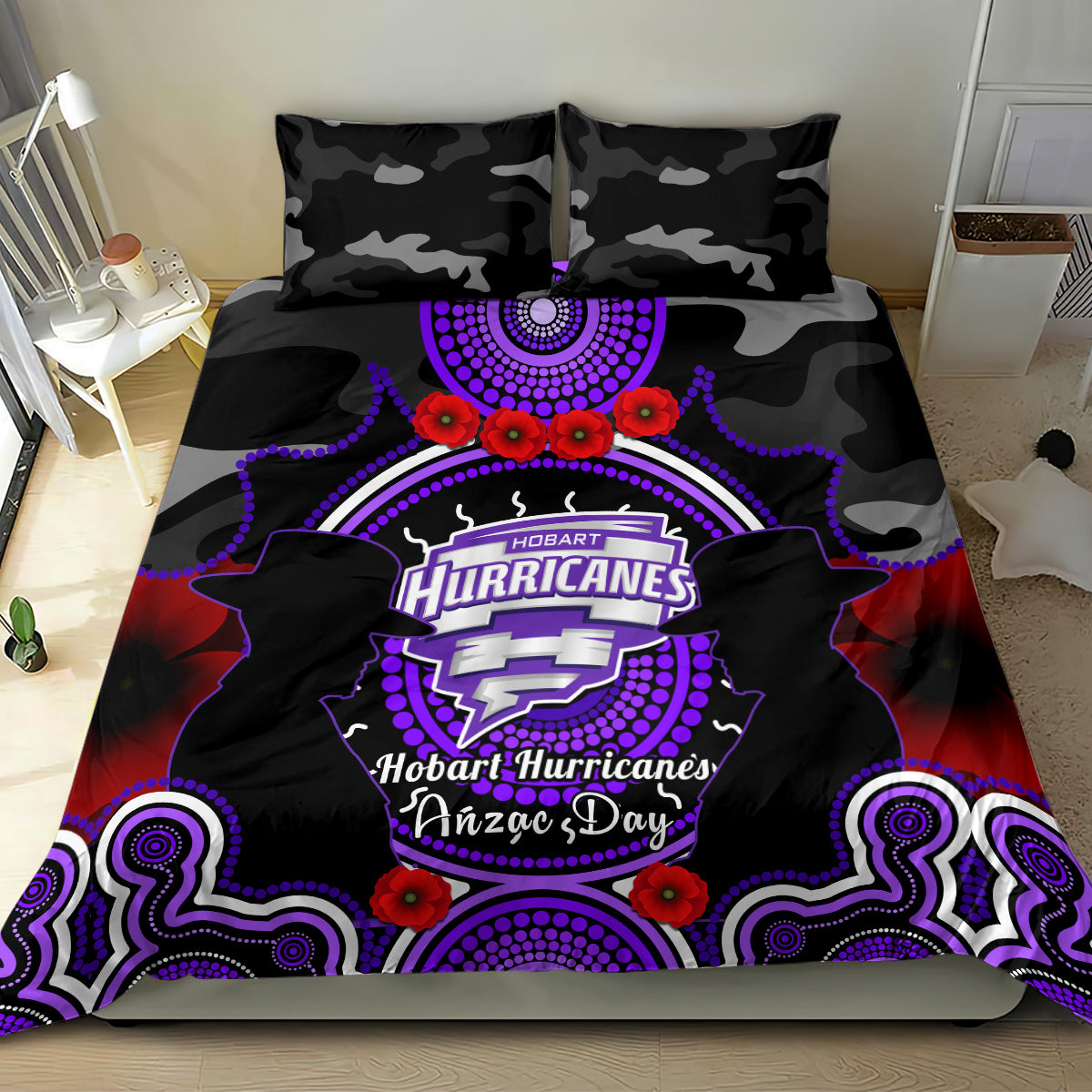 Hobart Hurricanes ANZAC 2024 Bedding Set Lest We Forget Poppy Mix Camouflage - Vibe Hoodie Shop