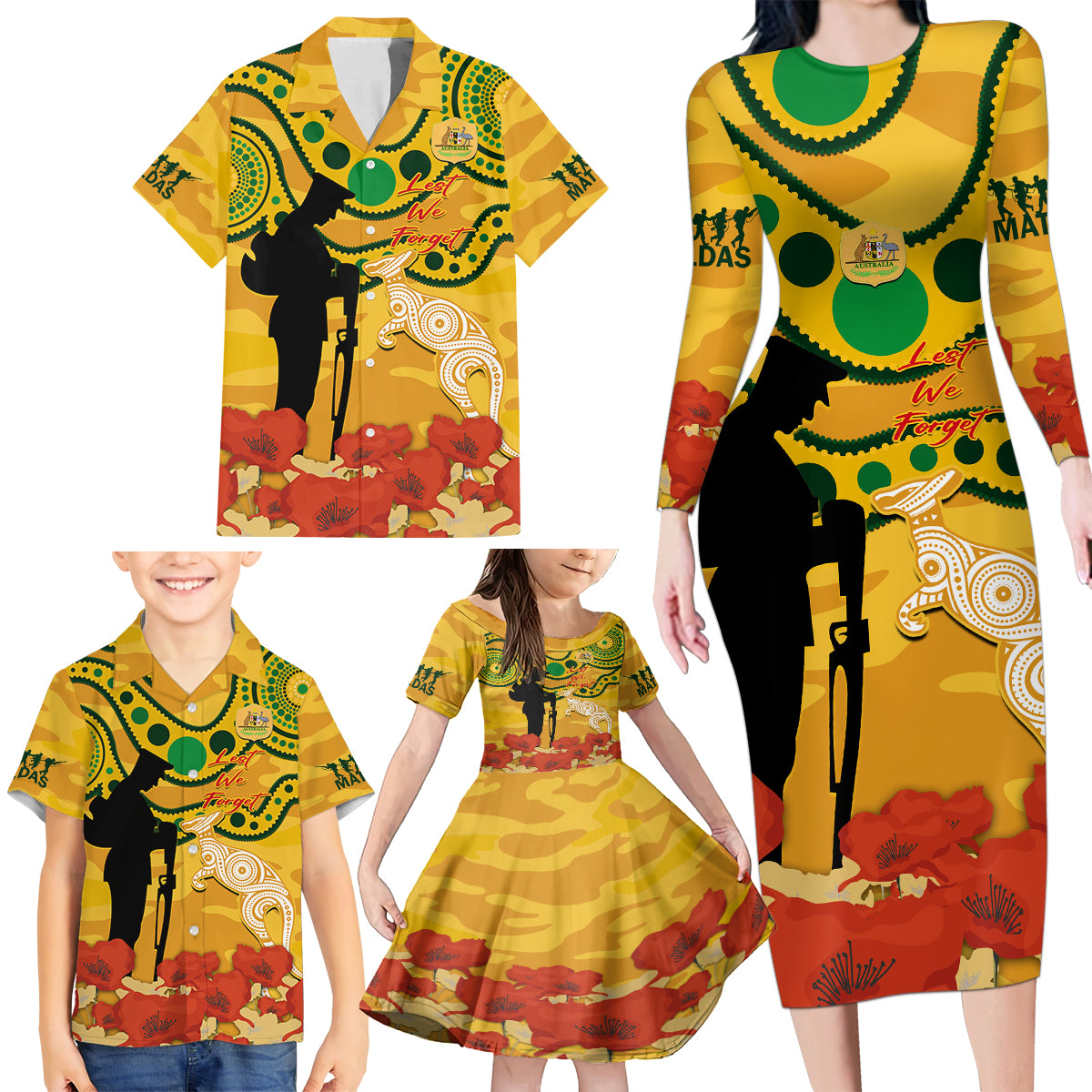 Custom Matildas ANZAC Day Family Matching Long Sleeve Bodycon Dress and Hawaiian Shirt Lest We Forget Poppies Mix Camouflage Gold