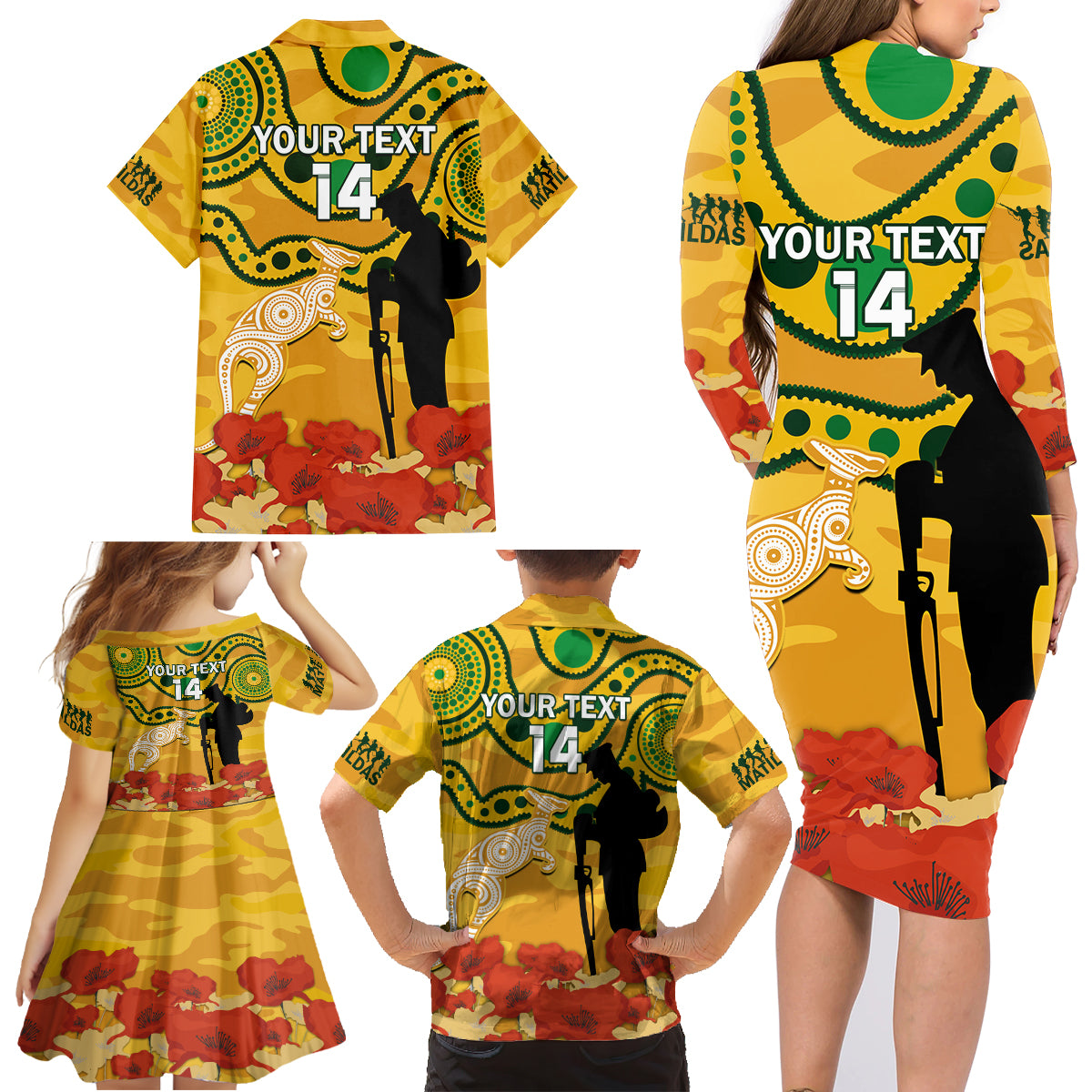 Custom Matildas ANZAC Day Family Matching Long Sleeve Bodycon Dress and Hawaiian Shirt Lest We Forget Poppies Mix Camouflage Gold