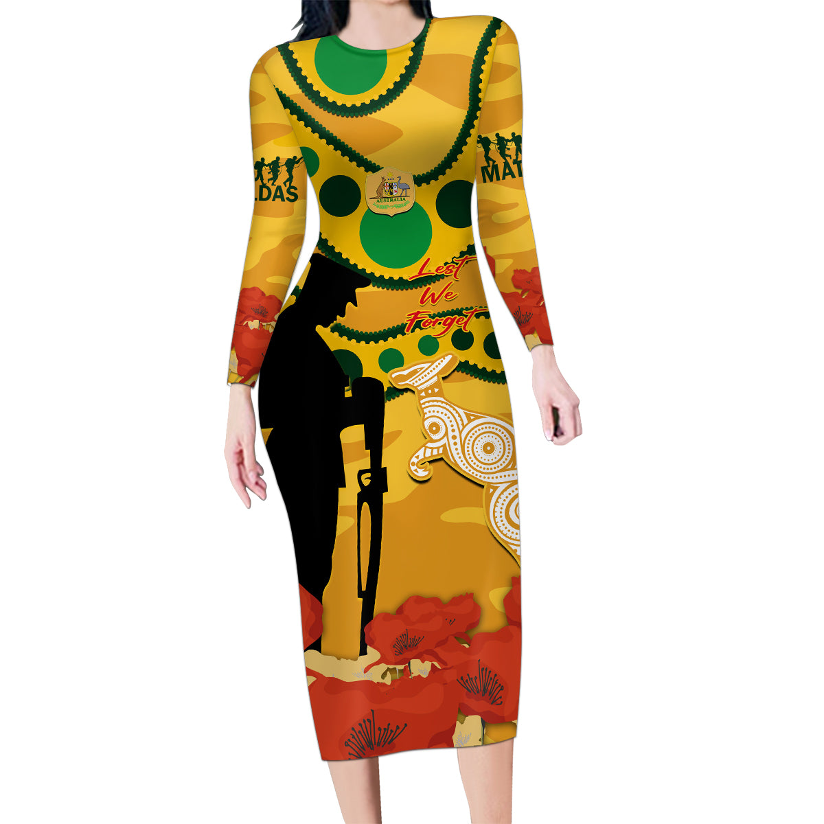 Custom Matildas ANZAC Day Family Matching Long Sleeve Bodycon Dress and Hawaiian Shirt Lest We Forget Poppies Mix Camouflage Gold