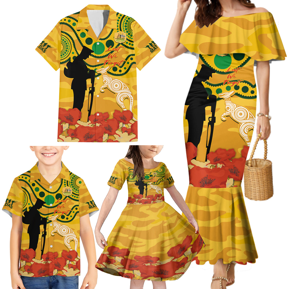 Custom Matildas ANZAC Day Family Matching Mermaid Dress and Hawaiian Shirt Lest We Forget Poppies Mix Camouflage Gold