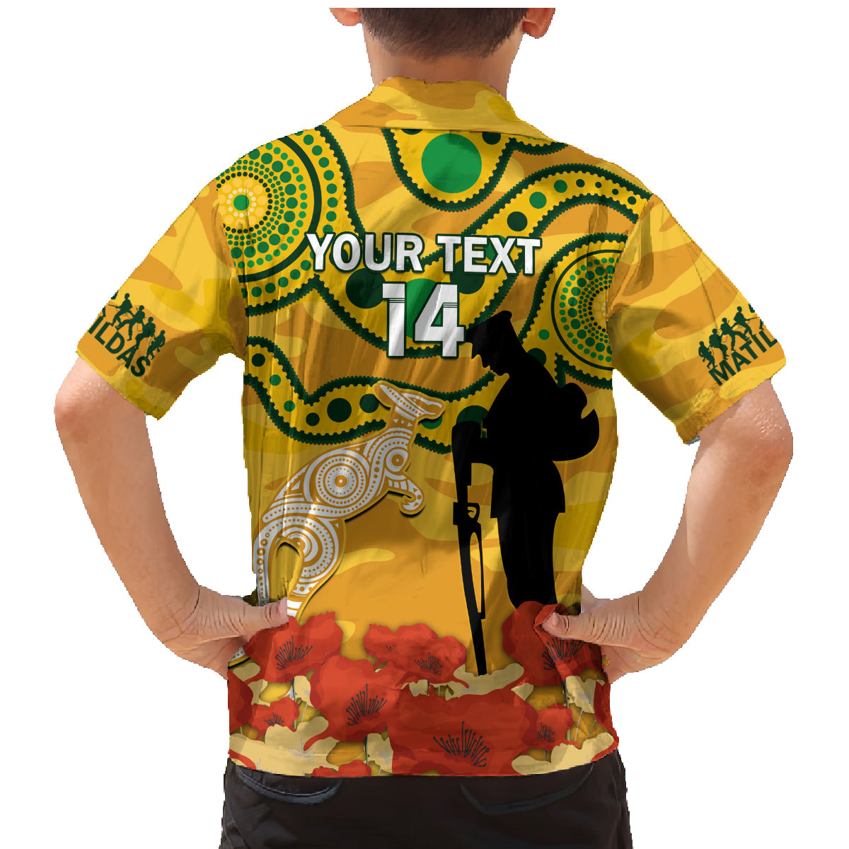 Custom Matildas ANZAC Day Family Matching Mermaid Dress and Hawaiian Shirt Lest We Forget Poppies Mix Camouflage Gold