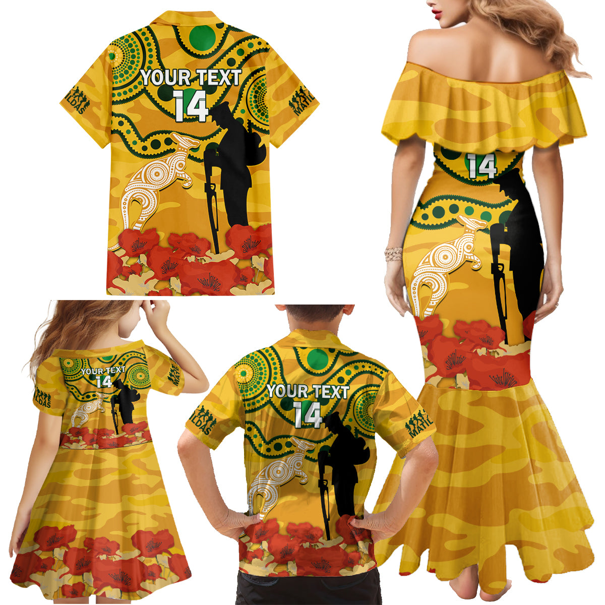 Custom Matildas ANZAC Day Family Matching Mermaid Dress and Hawaiian Shirt Lest We Forget Poppies Mix Camouflage Gold