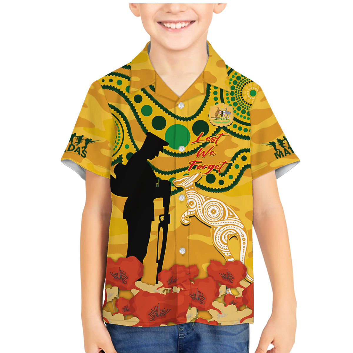 Custom Matildas ANZAC Day Family Matching Mermaid Dress and Hawaiian Shirt Lest We Forget Poppies Mix Camouflage Gold