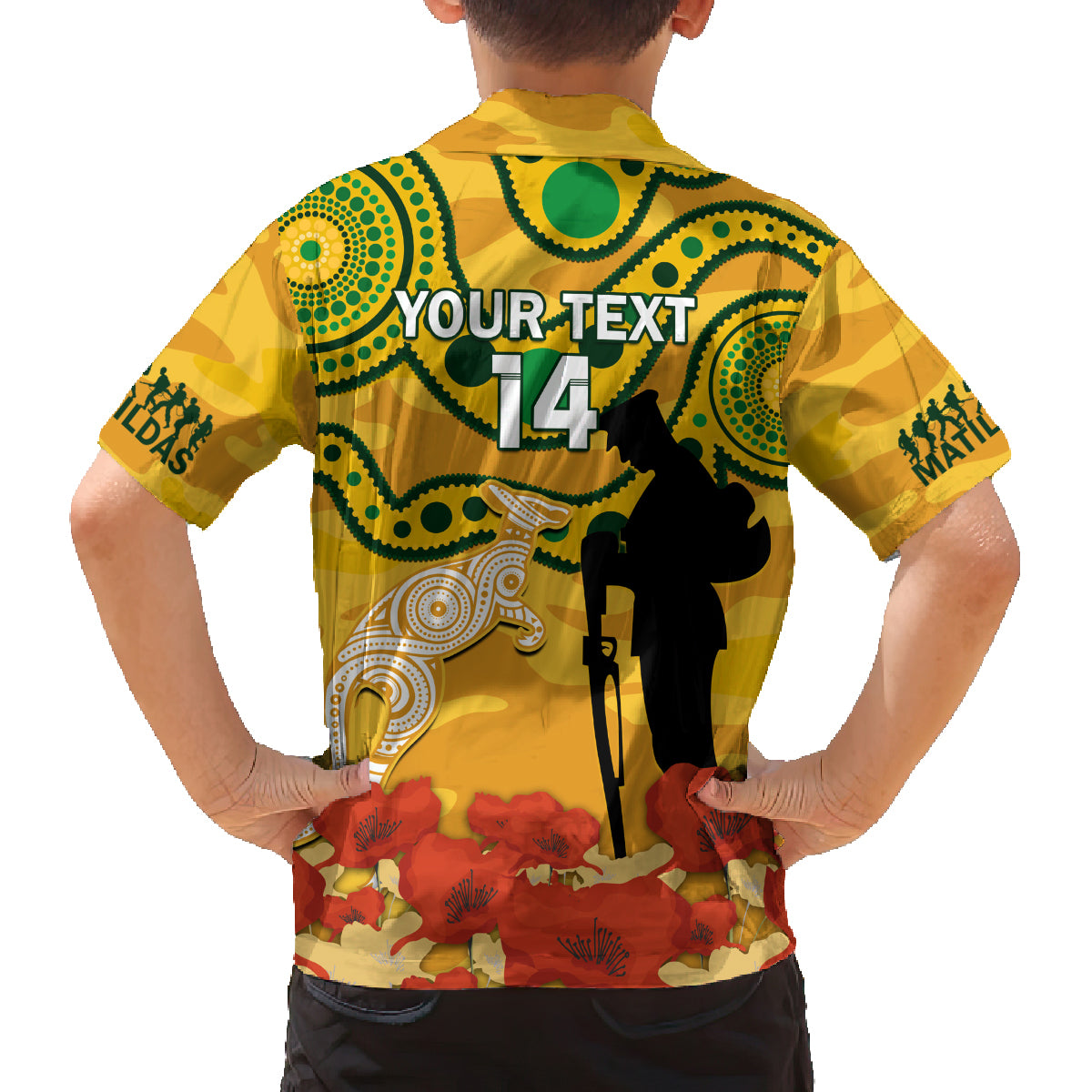 Custom Matildas ANZAC Day Family Matching Off Shoulder Long Sleeve Dress and Hawaiian Shirt Lest We Forget Poppies Mix Camouflage Gold