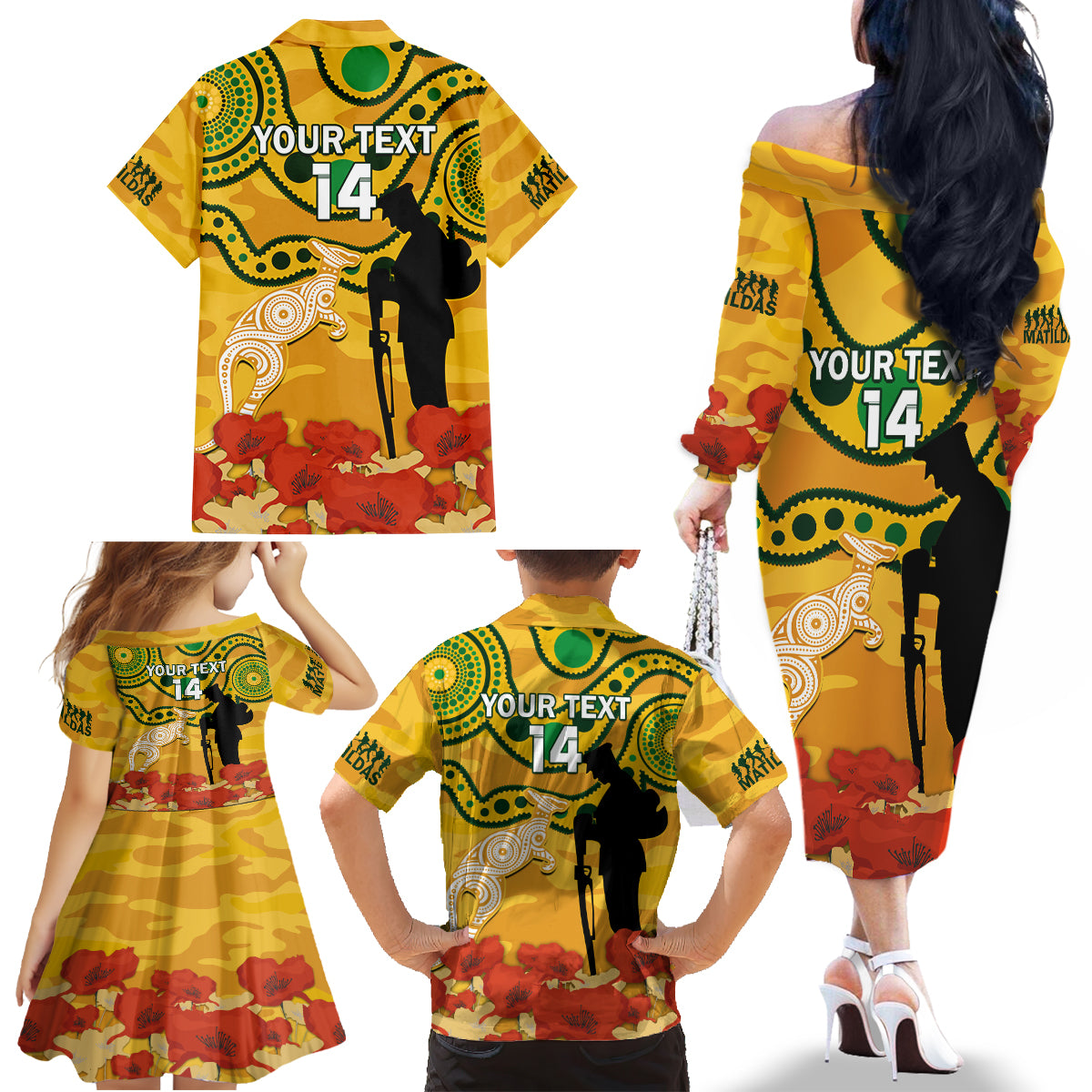 Custom Matildas ANZAC Day Family Matching Off Shoulder Long Sleeve Dress and Hawaiian Shirt Lest We Forget Poppies Mix Camouflage Gold