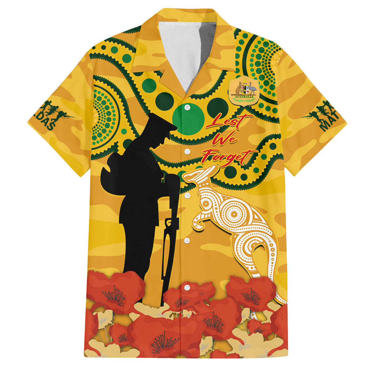 Custom Matildas ANZAC Day Family Matching Off Shoulder Long Sleeve Dress and Hawaiian Shirt Lest We Forget Poppies Mix Camouflage Gold