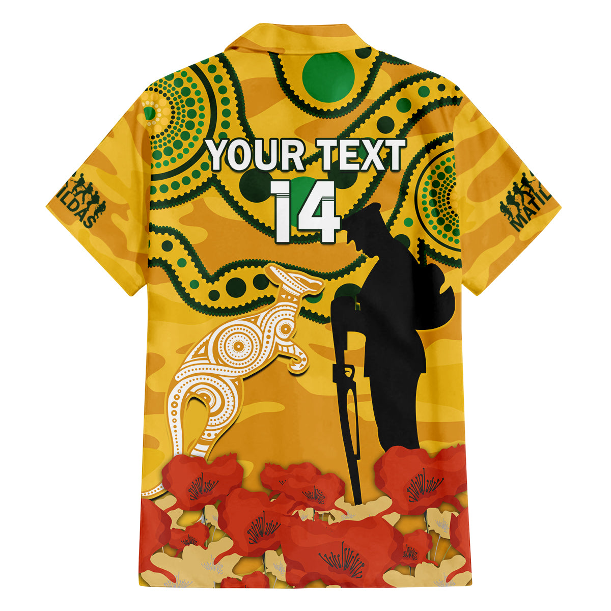 Custom Matildas ANZAC Day Family Matching Off Shoulder Long Sleeve Dress and Hawaiian Shirt Lest We Forget Poppies Mix Camouflage Gold