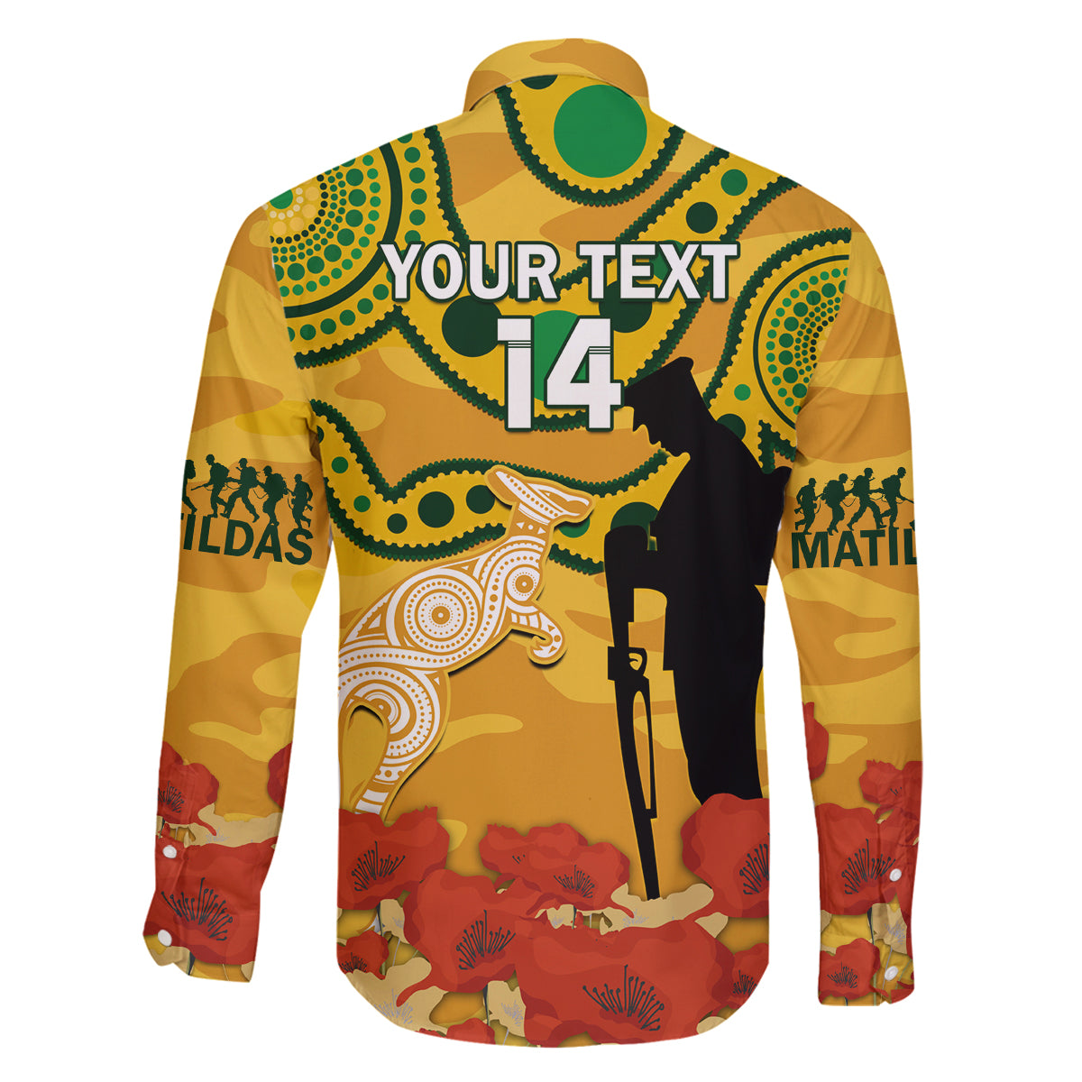 Custom Matildas ANZAC Day Family Matching Off Shoulder Long Sleeve Dress and Hawaiian Shirt Lest We Forget Poppies Mix Camouflage Gold