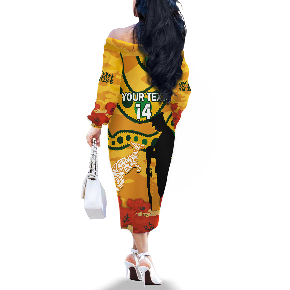 Custom Matildas ANZAC Day Family Matching Off Shoulder Long Sleeve Dress and Hawaiian Shirt Lest We Forget Poppies Mix Camouflage Gold