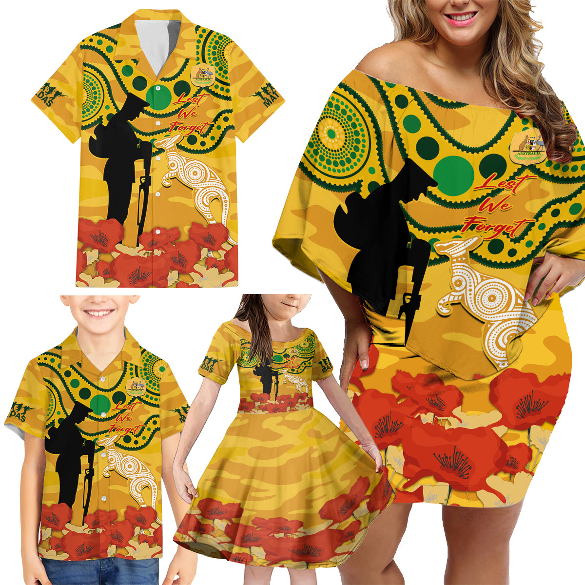 Custom Matildas ANZAC Day Family Matching Off Shoulder Short Dress and Hawaiian Shirt Lest We Forget Poppies Mix Camouflage Gold