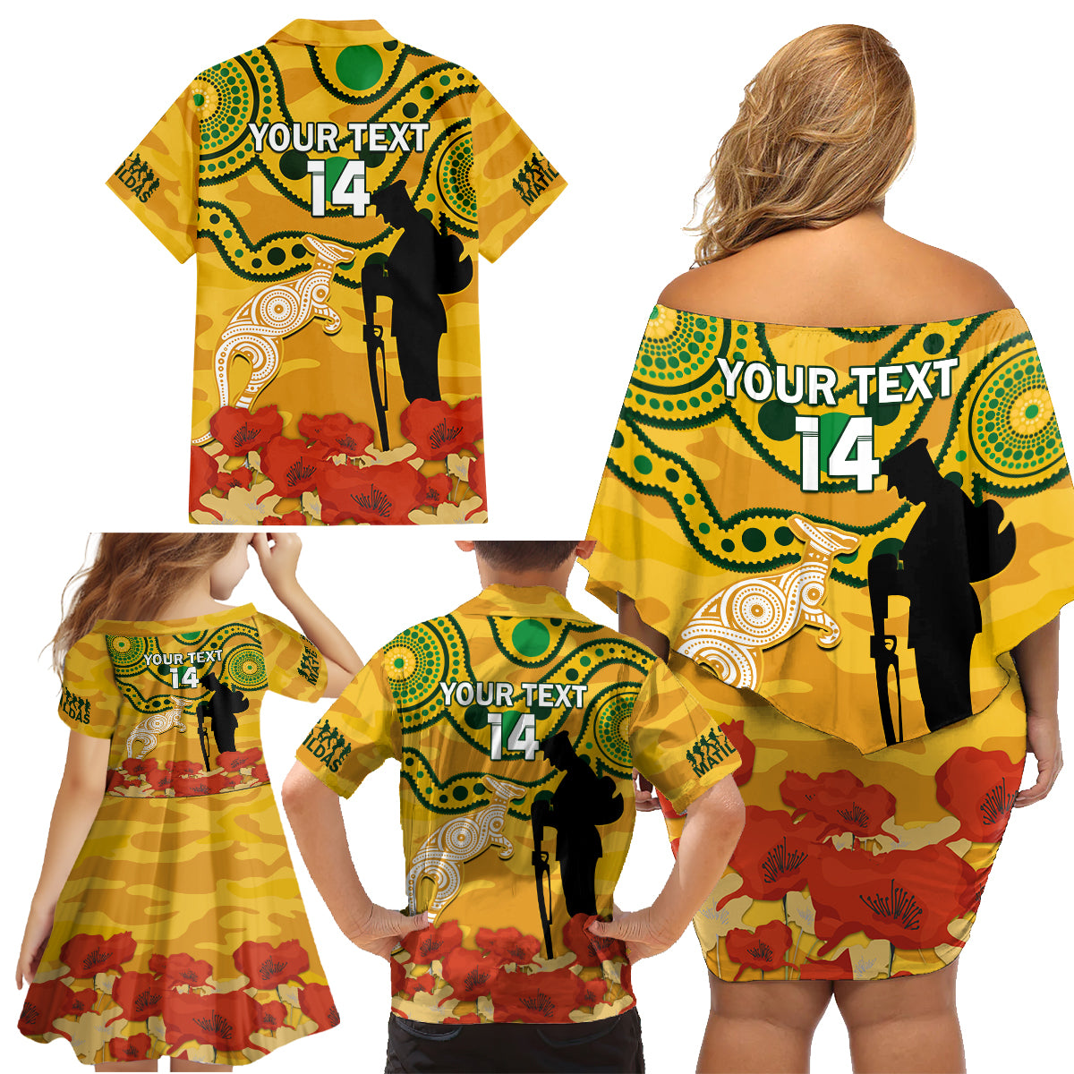 Custom Matildas ANZAC Day Family Matching Off Shoulder Short Dress and Hawaiian Shirt Lest We Forget Poppies Mix Camouflage Gold