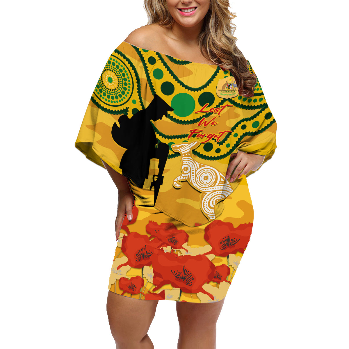 Custom Matildas ANZAC Day Family Matching Off Shoulder Short Dress and Hawaiian Shirt Lest We Forget Poppies Mix Camouflage Gold