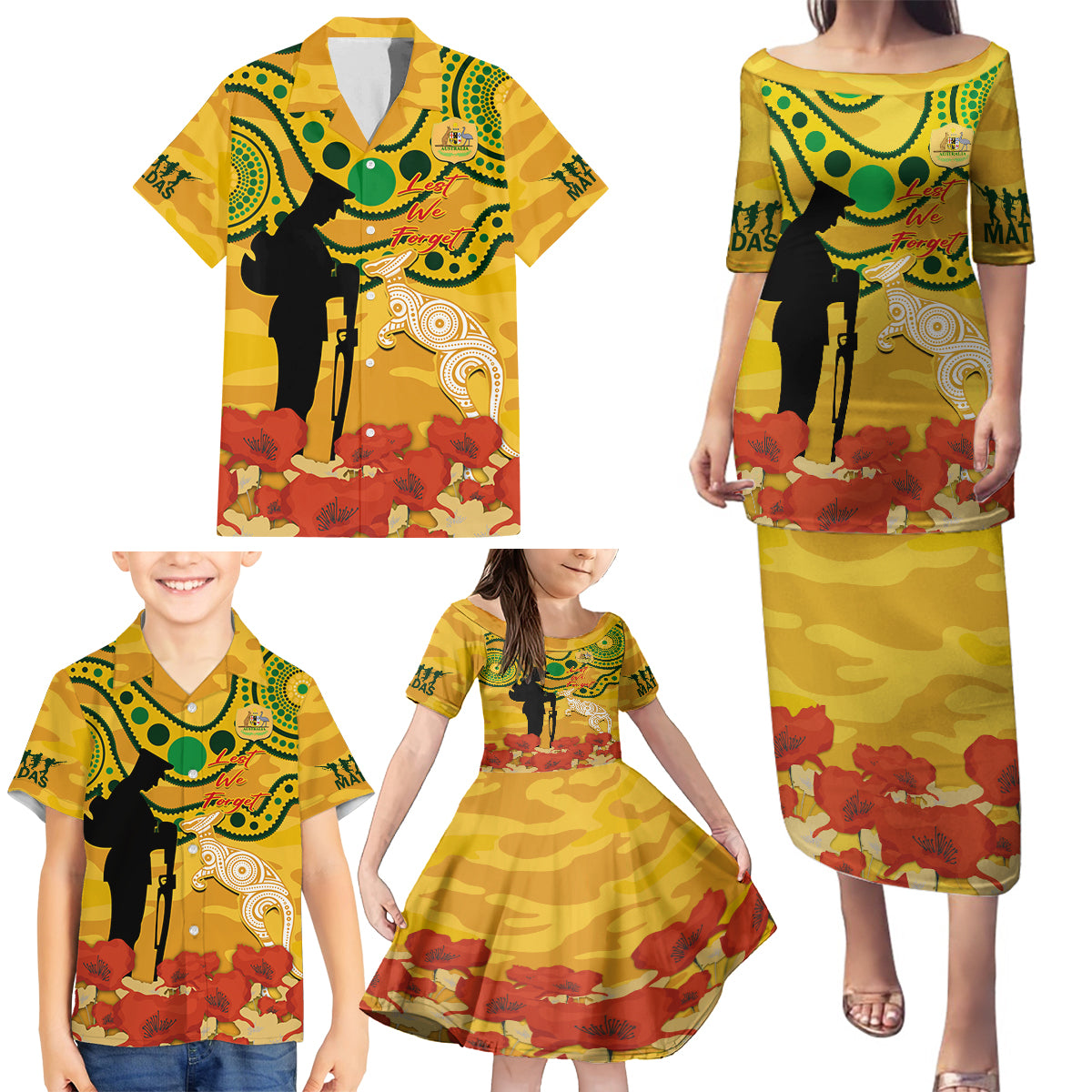 Custom Matildas ANZAC Day Family Matching Puletasi and Hawaiian Shirt Lest We Forget Poppies Mix Camouflage Gold