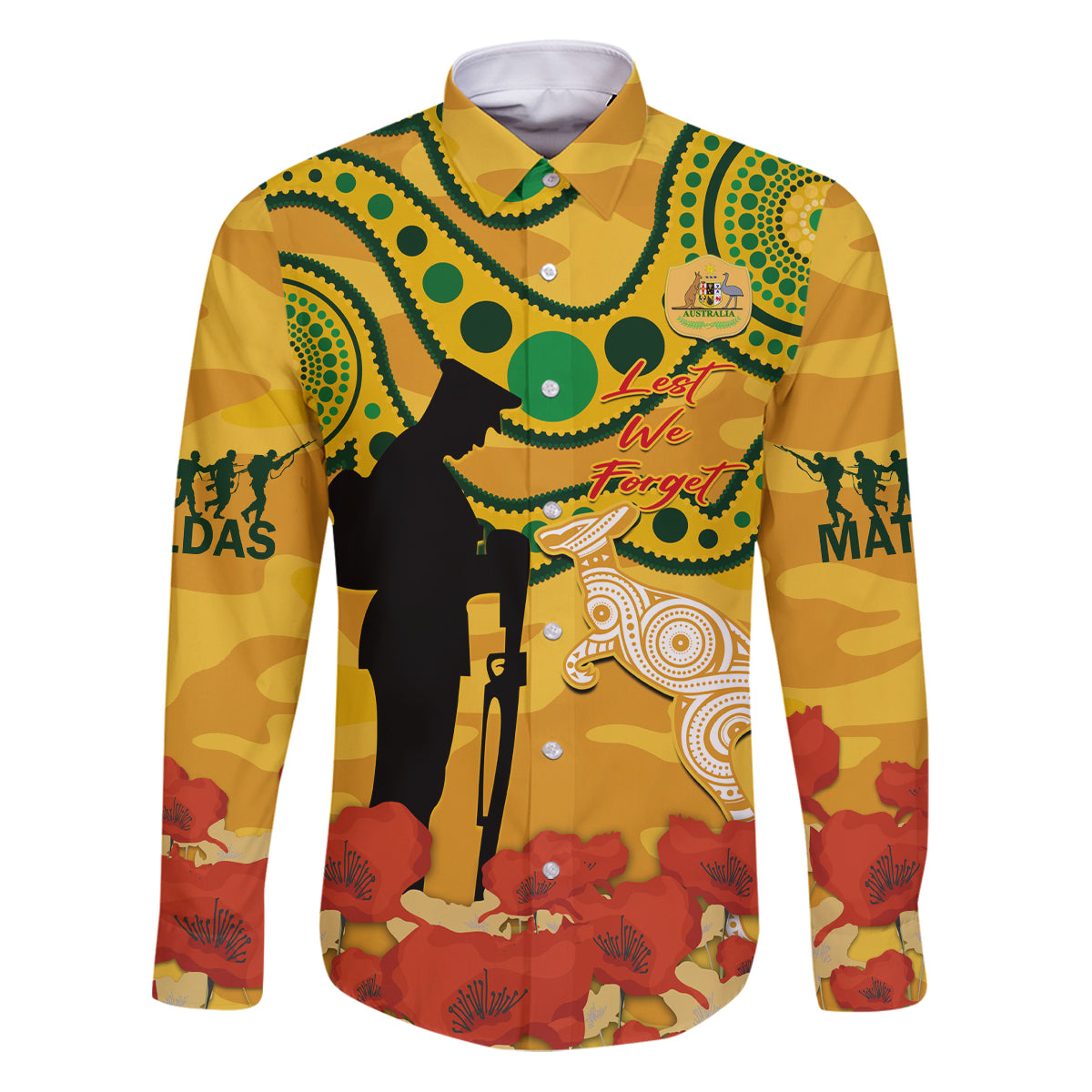 Custom Matildas ANZAC Day Family Matching Puletasi and Hawaiian Shirt Lest We Forget Poppies Mix Camouflage Gold