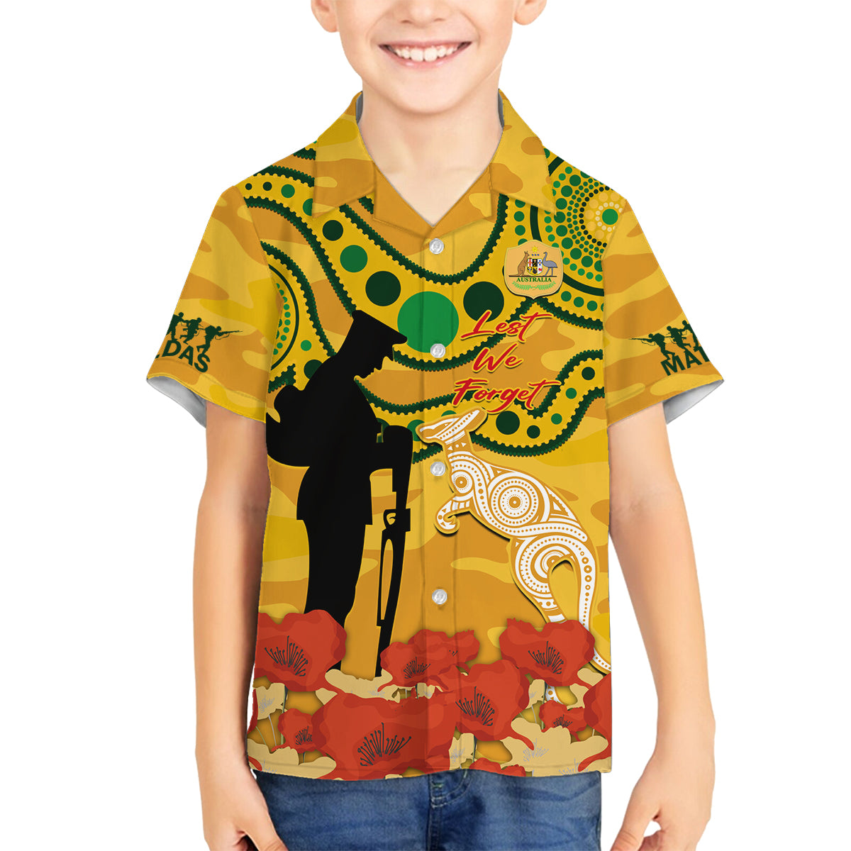 Custom Matildas ANZAC Day Family Matching Puletasi and Hawaiian Shirt Lest We Forget Poppies Mix Camouflage Gold