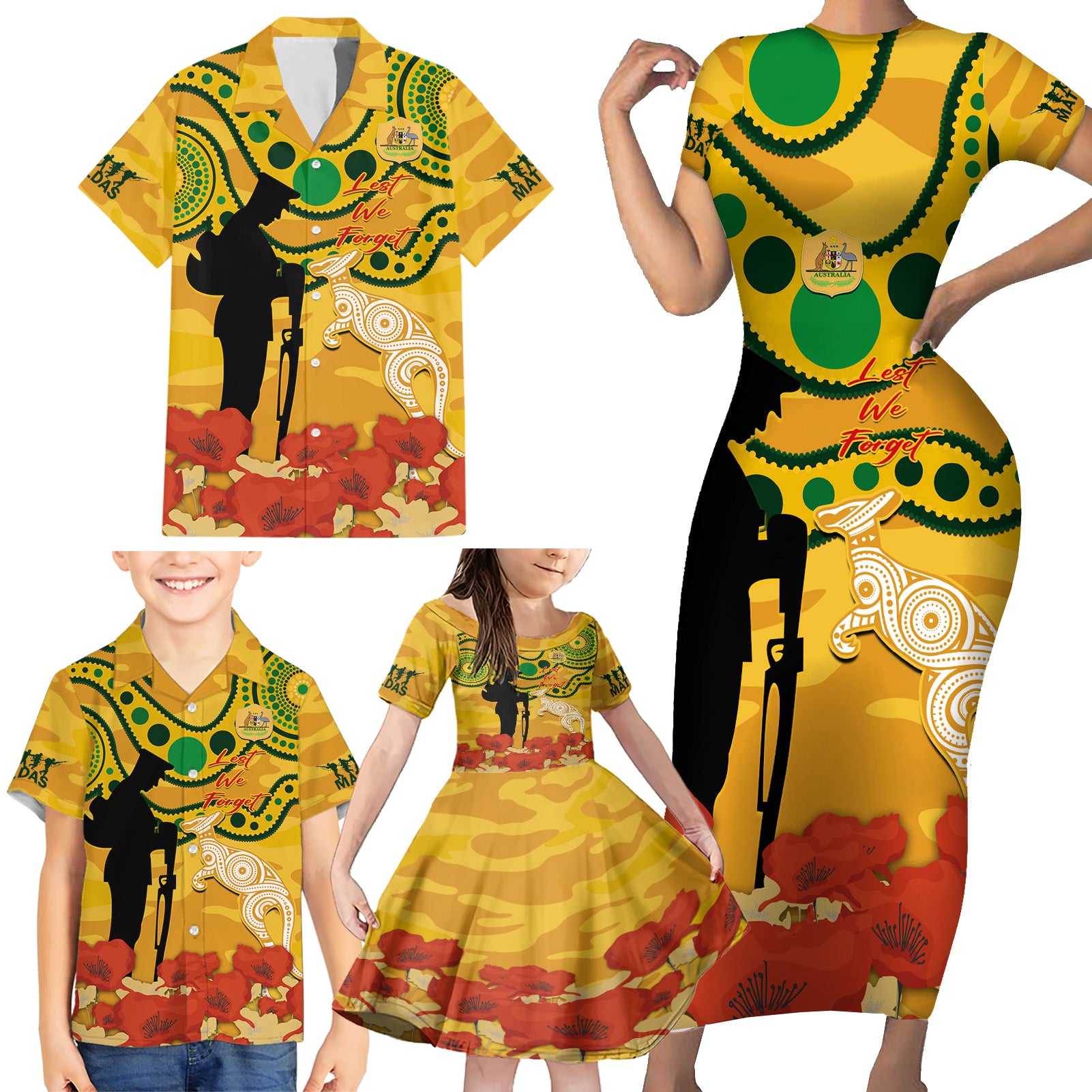 Custom Matildas ANZAC Day Family Matching Short Sleeve Bodycon Dress and Hawaiian Shirt Lest We Forget Poppies Mix Camouflage Gold