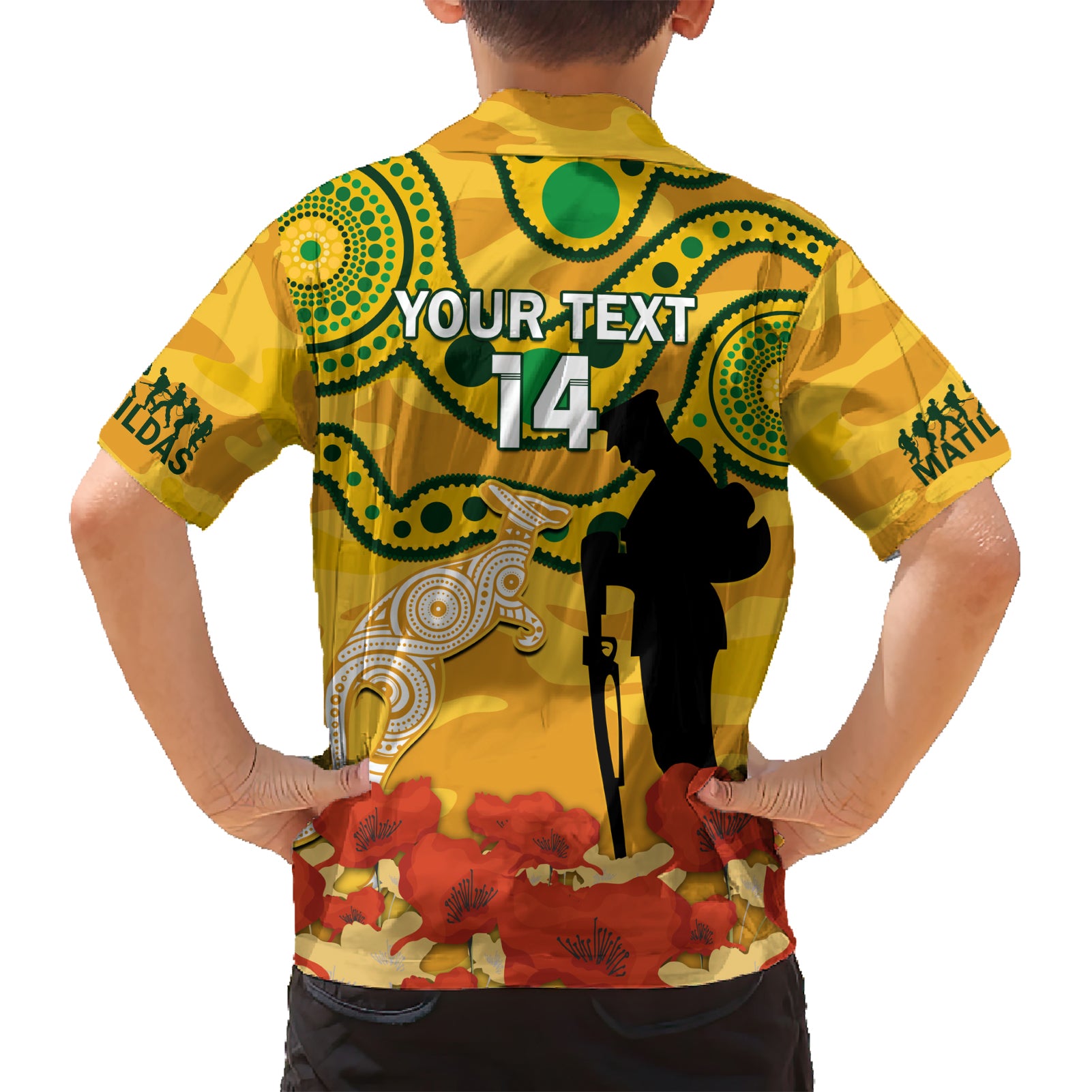 Custom Matildas ANZAC Day Family Matching Short Sleeve Bodycon Dress and Hawaiian Shirt Lest We Forget Poppies Mix Camouflage Gold