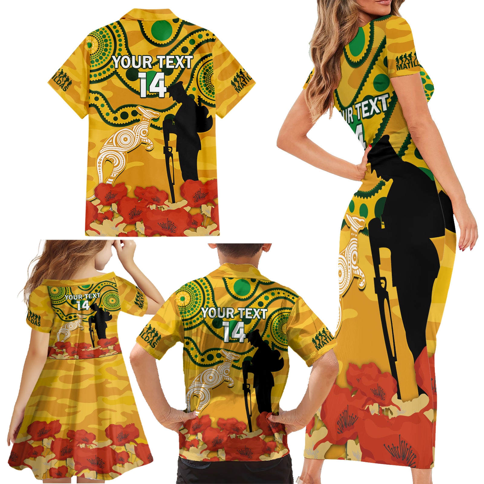 Custom Matildas ANZAC Day Family Matching Short Sleeve Bodycon Dress and Hawaiian Shirt Lest We Forget Poppies Mix Camouflage Gold