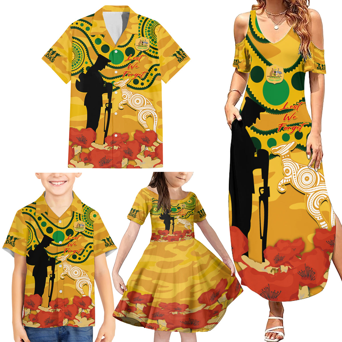 Custom Matildas ANZAC Day Family Matching Summer Maxi Dress and Hawaiian Shirt Lest We Forget Poppies Mix Camouflage Gold