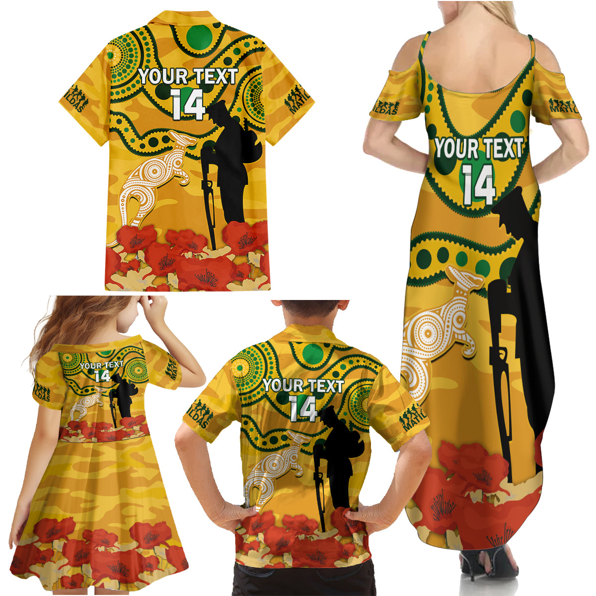 Custom Matildas ANZAC Day Family Matching Summer Maxi Dress and Hawaiian Shirt Lest We Forget Poppies Mix Camouflage Gold