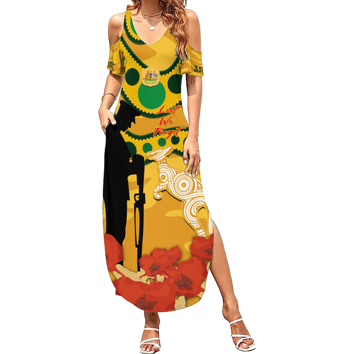 Custom Matildas ANZAC Day Family Matching Summer Maxi Dress and Hawaiian Shirt Lest We Forget Poppies Mix Camouflage Gold