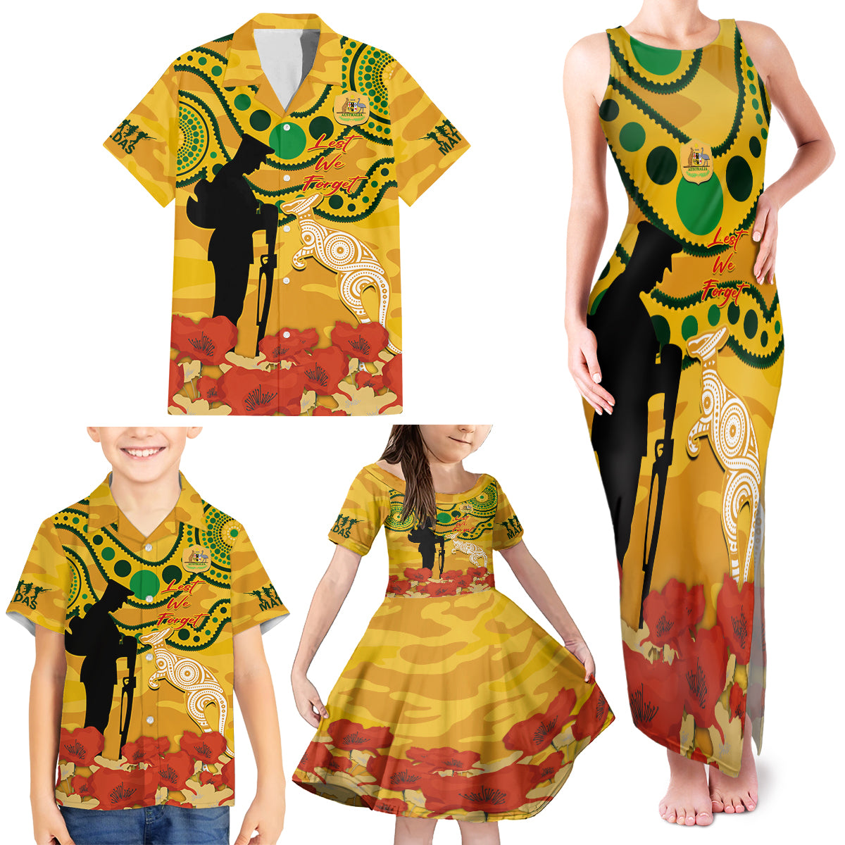 Custom Matildas ANZAC Day Family Matching Tank Maxi Dress and Hawaiian Shirt Lest We Forget Poppies Mix Camouflage Gold