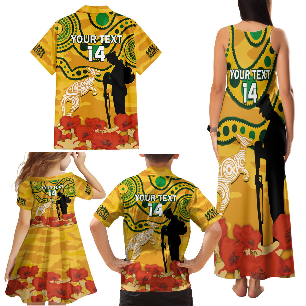 Custom Matildas ANZAC Day Family Matching Tank Maxi Dress and Hawaiian Shirt Lest We Forget Poppies Mix Camouflage Gold