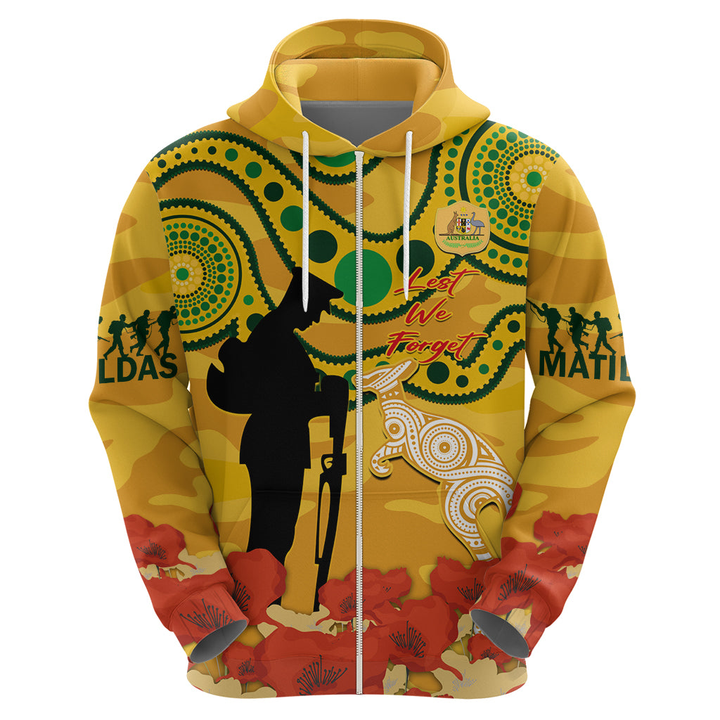 Custom Matildas ANZAC Day Hoodie Lest We Forget Poppies Mix Camouflage Gold - Vibe Hoodie Shop